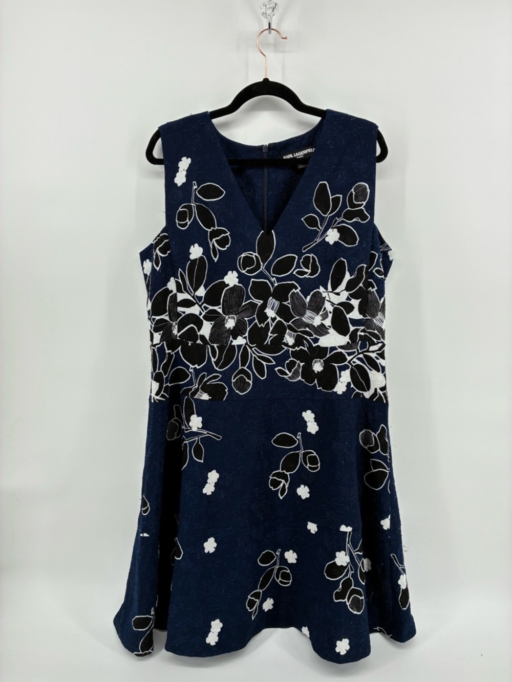 Karl Lagerfeld Navy Blue Floral A-Line Dress with White Black Accents